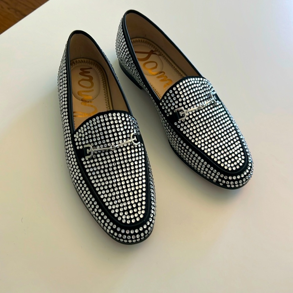 Sam Edelman black rhinestone-studded horsebit mules